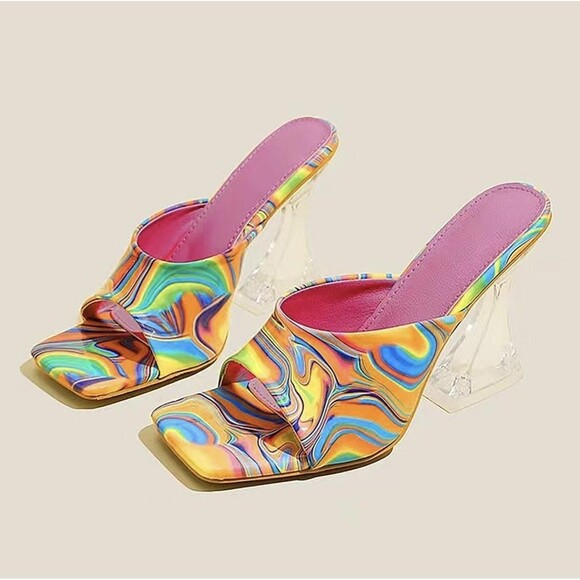 Rainbow Swirl Heels Shoes Womens Size 8.5 EU 39 Lucite Mule Square Toe Sandals - Picture 9 of 10